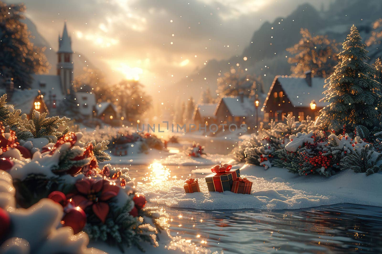 A picturesque village scene blanketed in snow, adorned with festive Christmas decorations at sunset