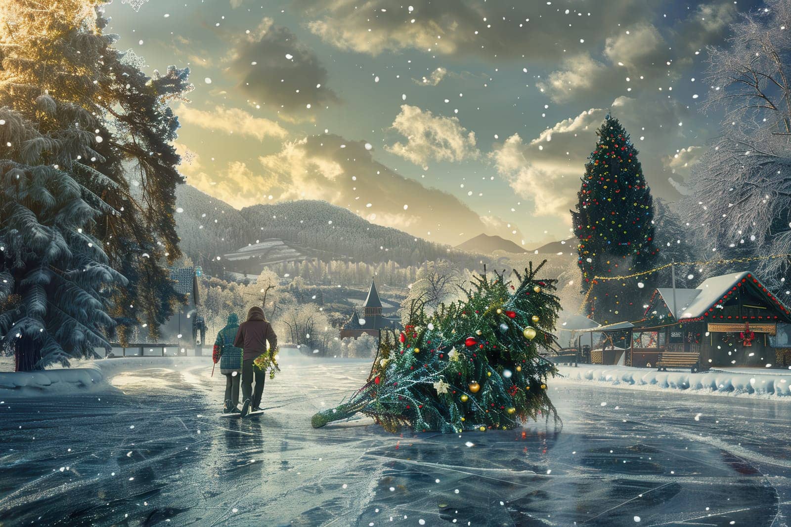 A picturesque winter landscape showcasing a couple enjoying a stroll near a beautifully decorated Christmas tree