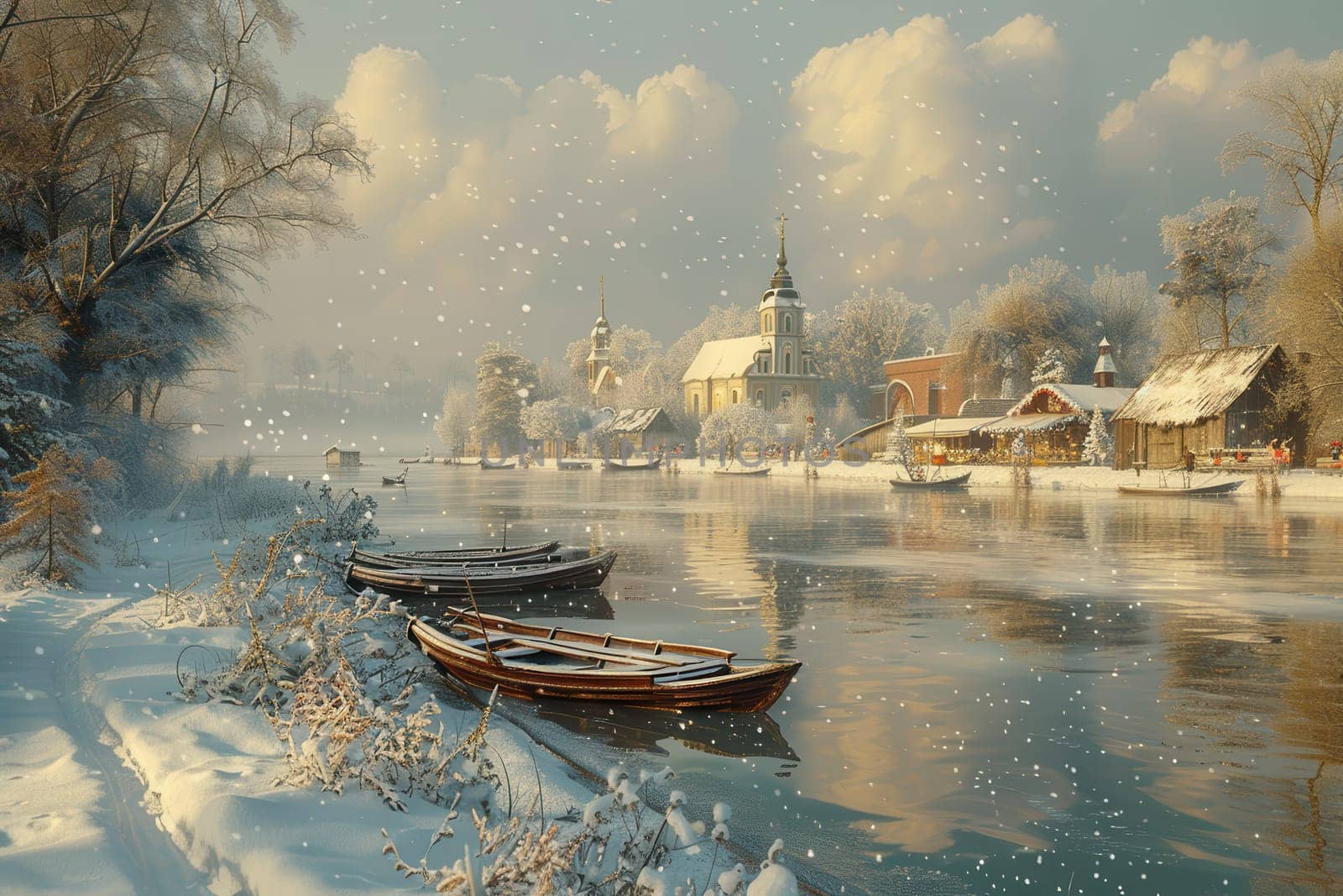 A picturesque winter scene showcasing a beautiful tranquil river, gorgeous snowy trees, and charming little cottages