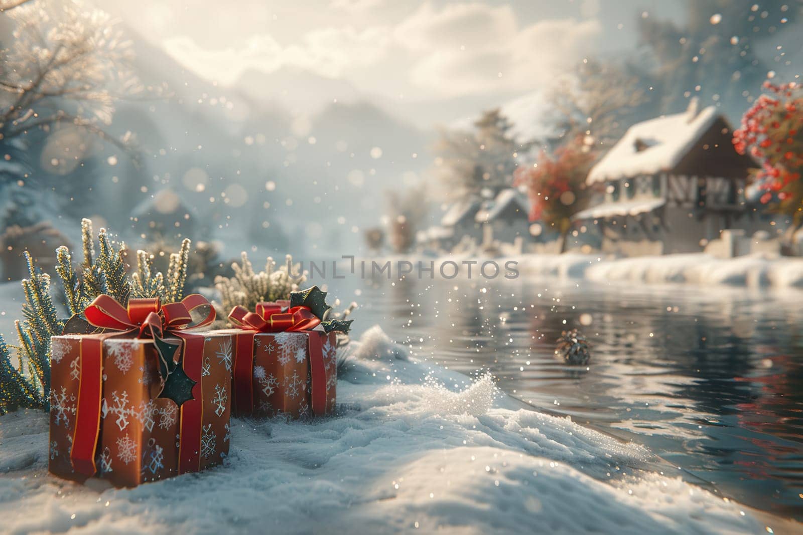 A picturesque winter scene with arranged gifts by a flowing river, surrounded by snow and serene nature