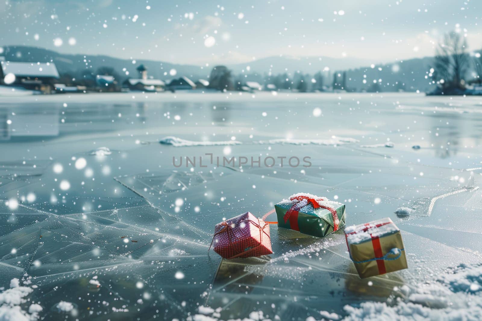 A picturesque winter scene with colorful gifts on a frozen lake, surrounded by gently falling snowflakes