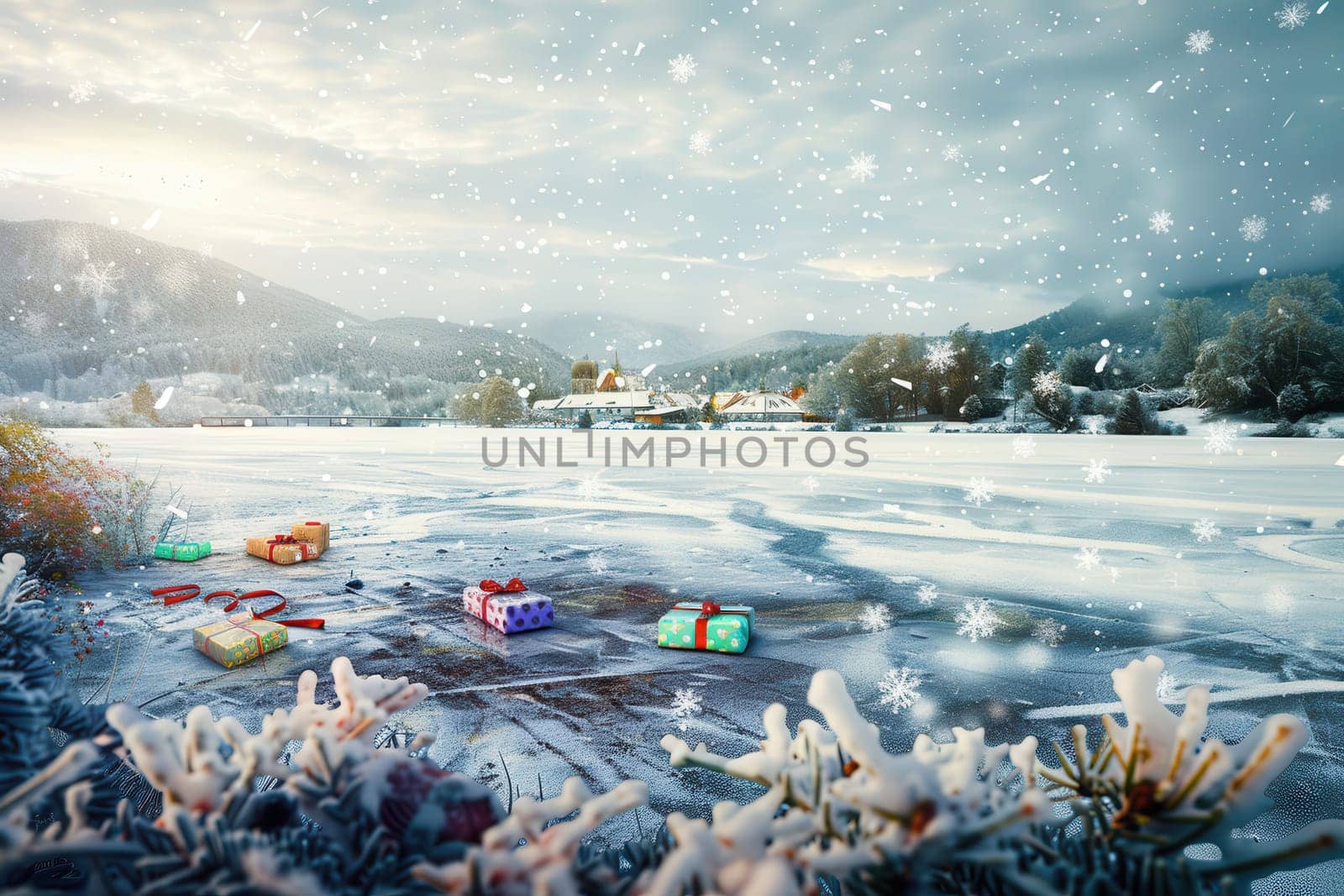 A tranquil and serene snowy landscape showcases an array of colorful gifts placed beautifully in a winter scene