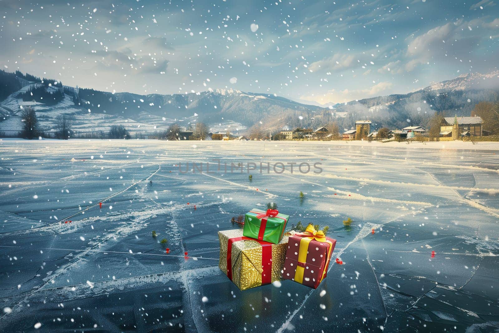 A tranquil and serene winter scene showcasing colorful presents arranged on a frozen lake as snowflakes gently fall