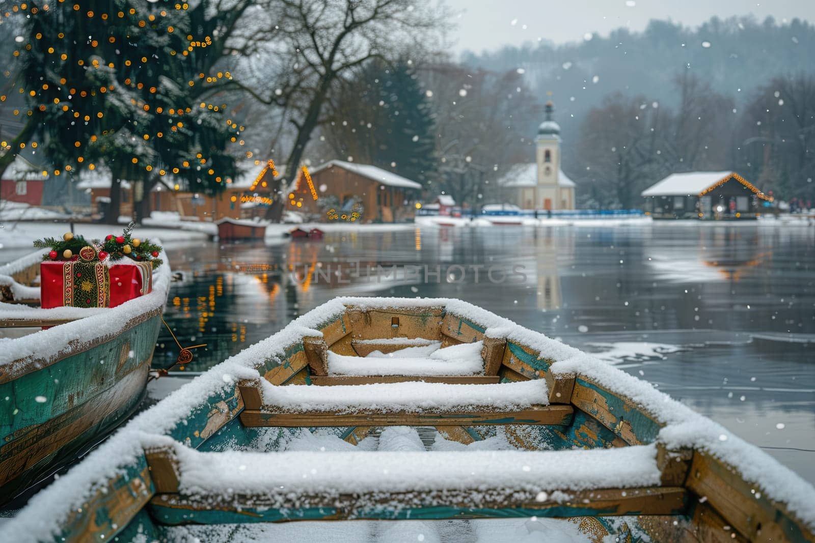 A tranquil winter landscape showcasing beautifully snowcovered boats by a peaceful village lake, serene and calming