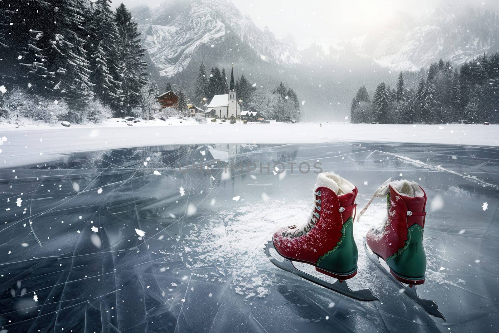 A tranquil winter landscape showcasing vibrant ice skates on a frozen lake with gentle snowflakes falling