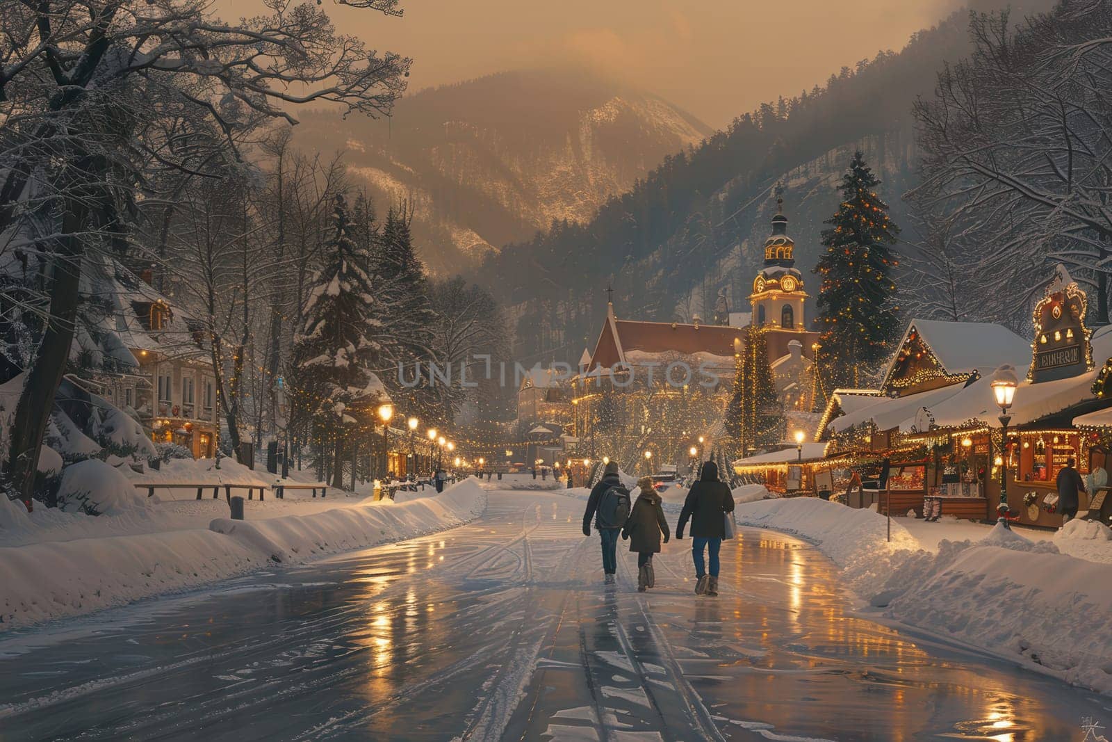 A tranquil winter scene showcasing snowcovered streets adorned with festive lights in a picturesque village