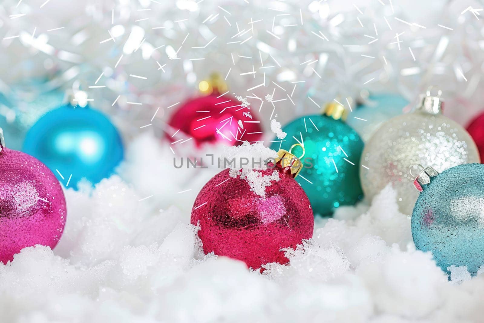 A variety of colorful Christmas ornaments are beautifully arranged, surrounded by faux snow and shimmering tinsel