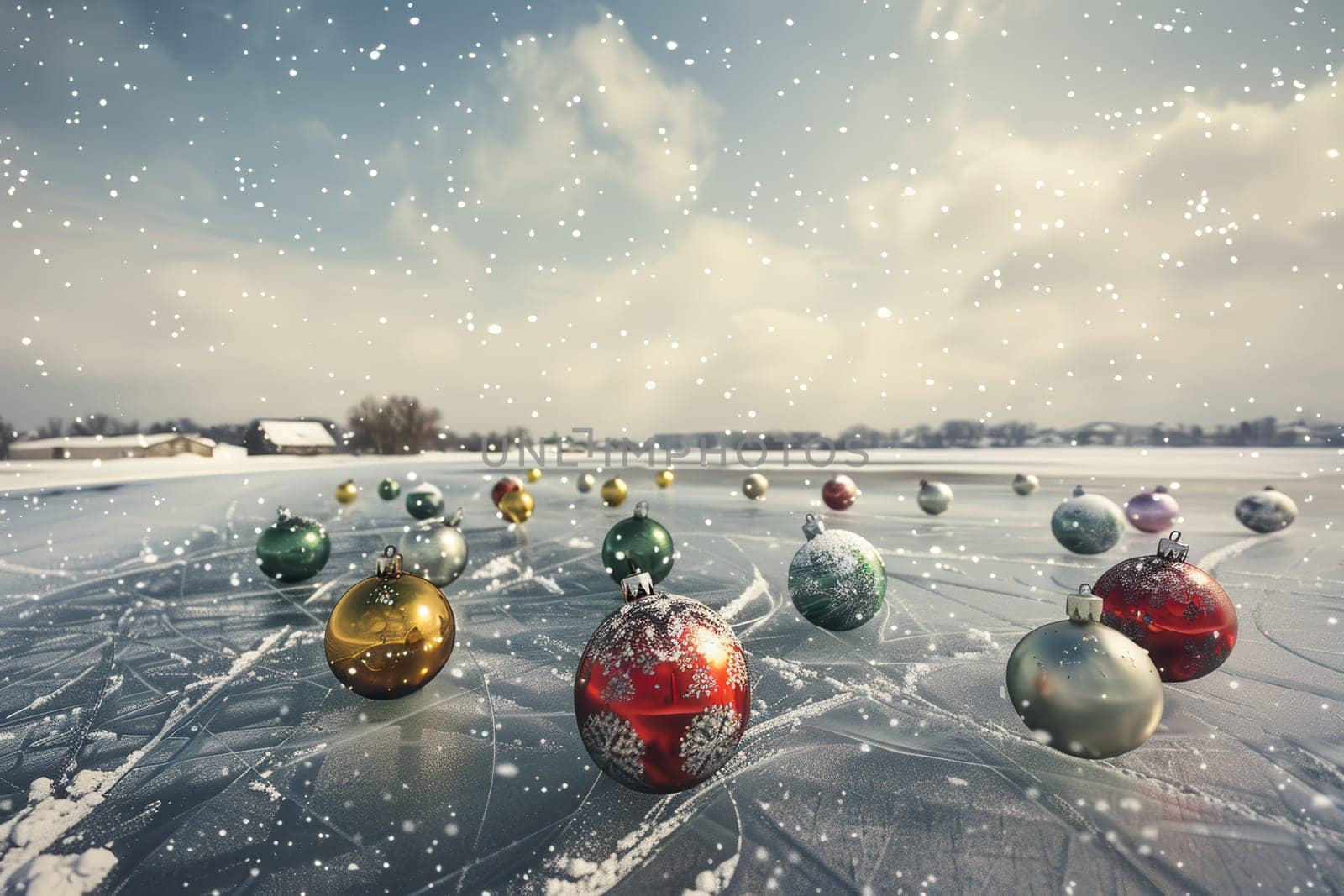 A variety of colorful Christmas ornaments are scattered across an icy surface, beautifully set beneath a snowy sky