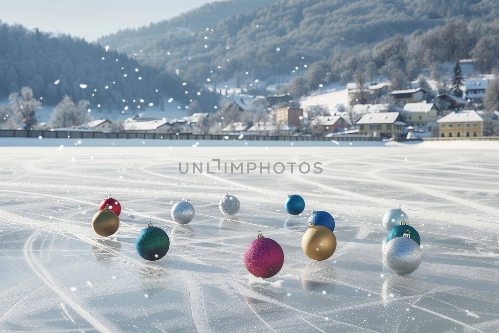 A variety of vibrant holiday ornaments beautifully scattered across a frozen lake with a stunning snowy background