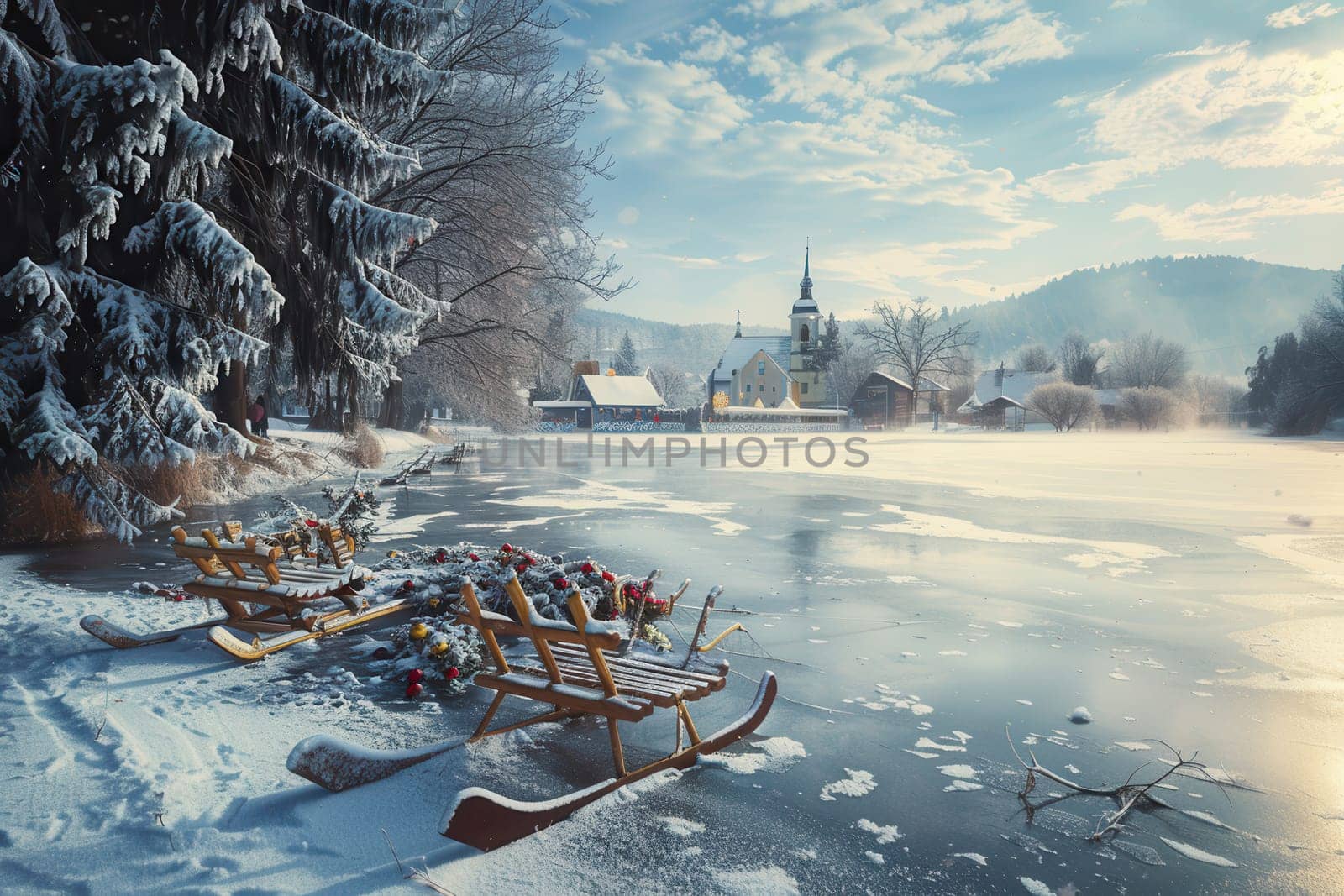 A wonderfully serene winter scene featuring sleds covered in snow by a frozen lake near a quaint little village