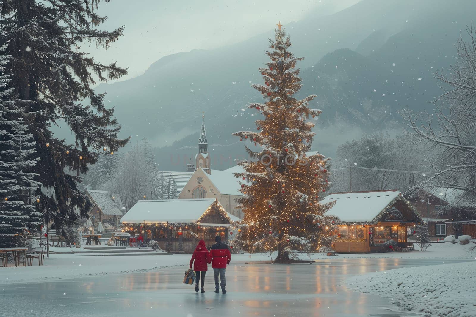 An enchanting snowy scene featuring couples joyfully walking through a magical and festive winter setting