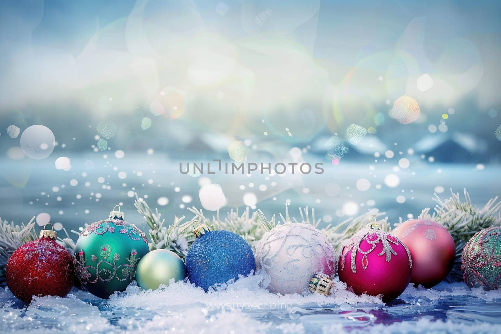 Beautifully decorated Christmas ornaments are resting gracefully on soft snow, creating a truly festive winter ambiance