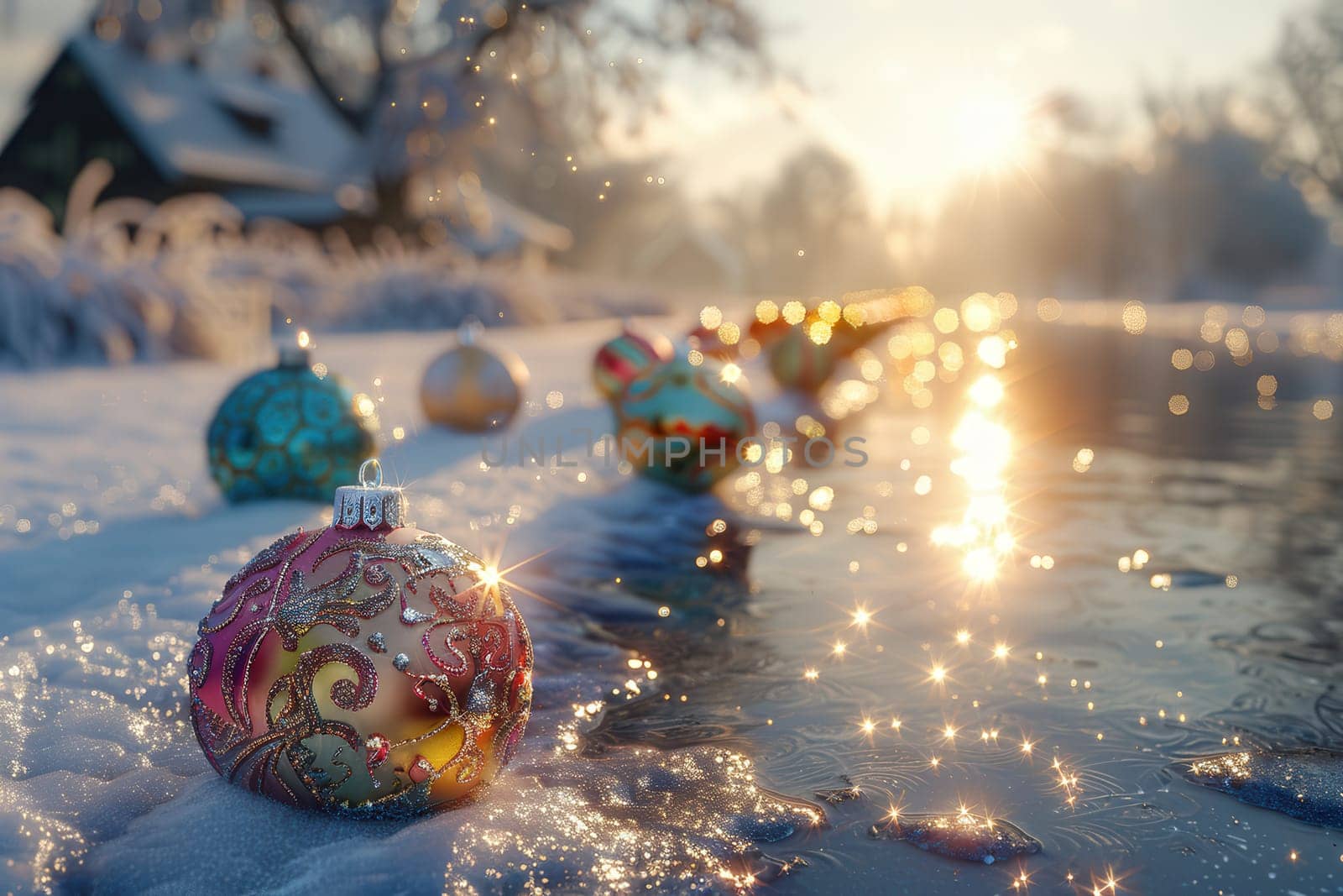 Beautifully decorated ornaments reflect bright sunlight in a serene and picturesque winter wonderland landscape