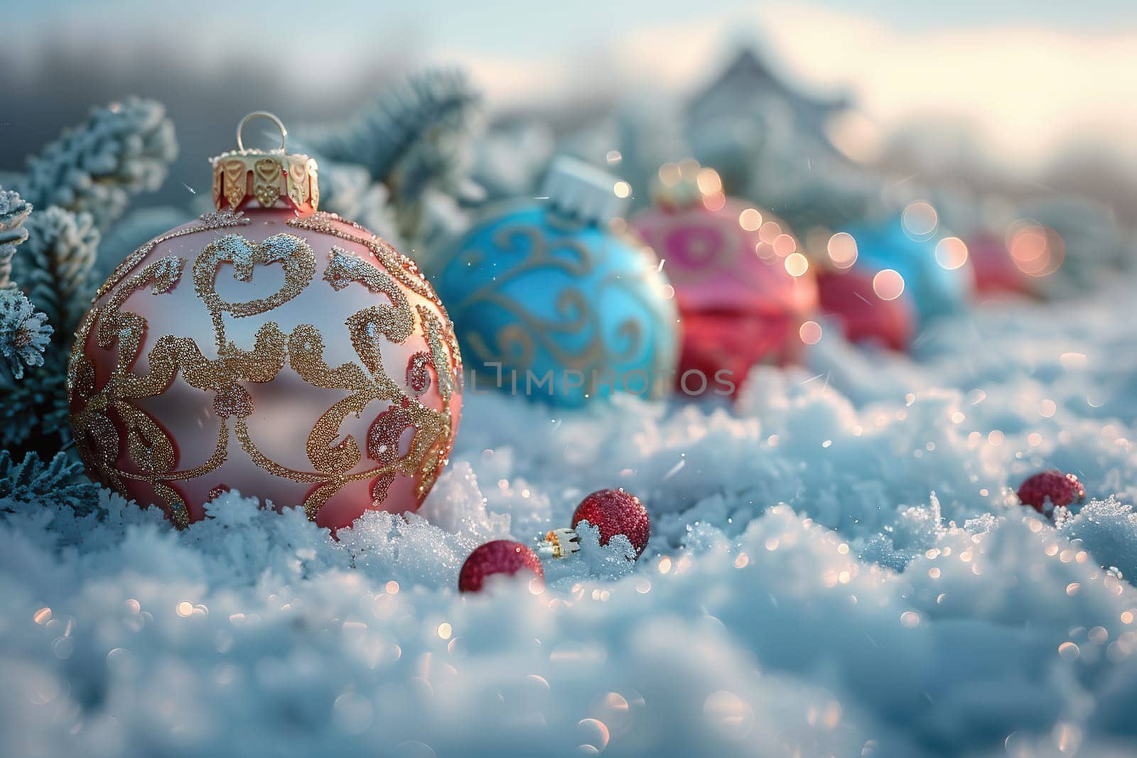 Beautifully decorated ornaments resting on fresh, glistening snow, creating a truly festive winter scene