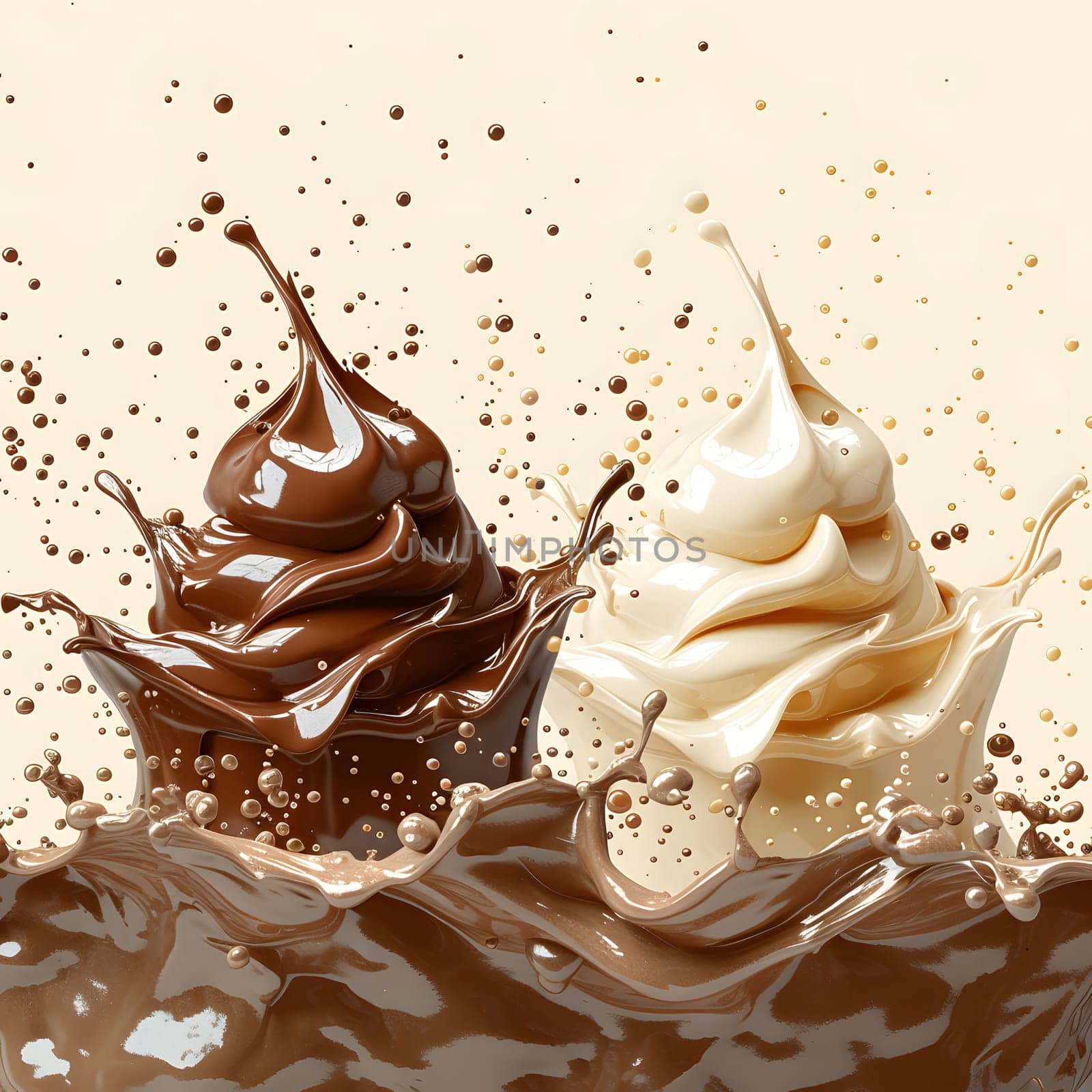 Two creamy flavors, chocolate and vanilla ice cream, collide in a delicious splash of flavor. This enticing combination is a perfect treat for any dessert lover