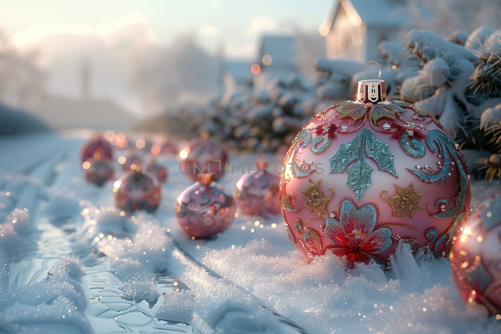 Charming pink Christmas ornaments beautifully resting in a picturesque snowy winter scene, perfect for holiday themes
