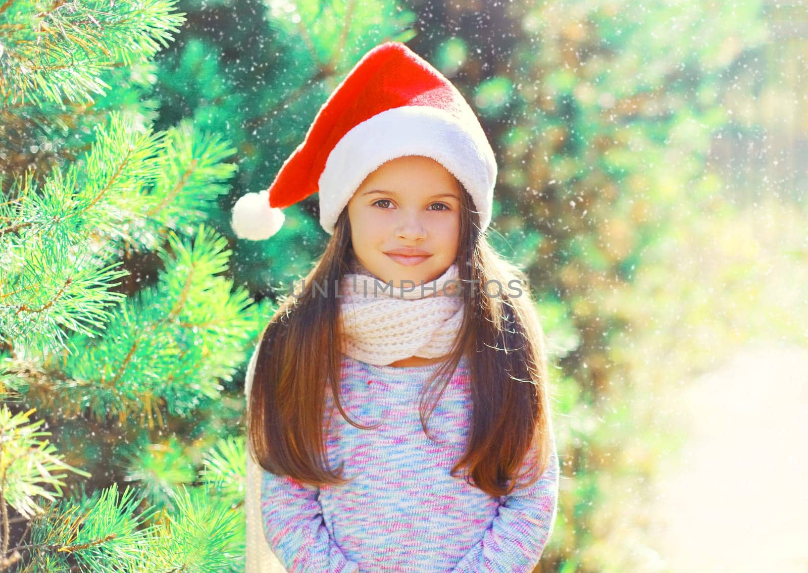Christmas portrait child little girl in santa red hat near a tree