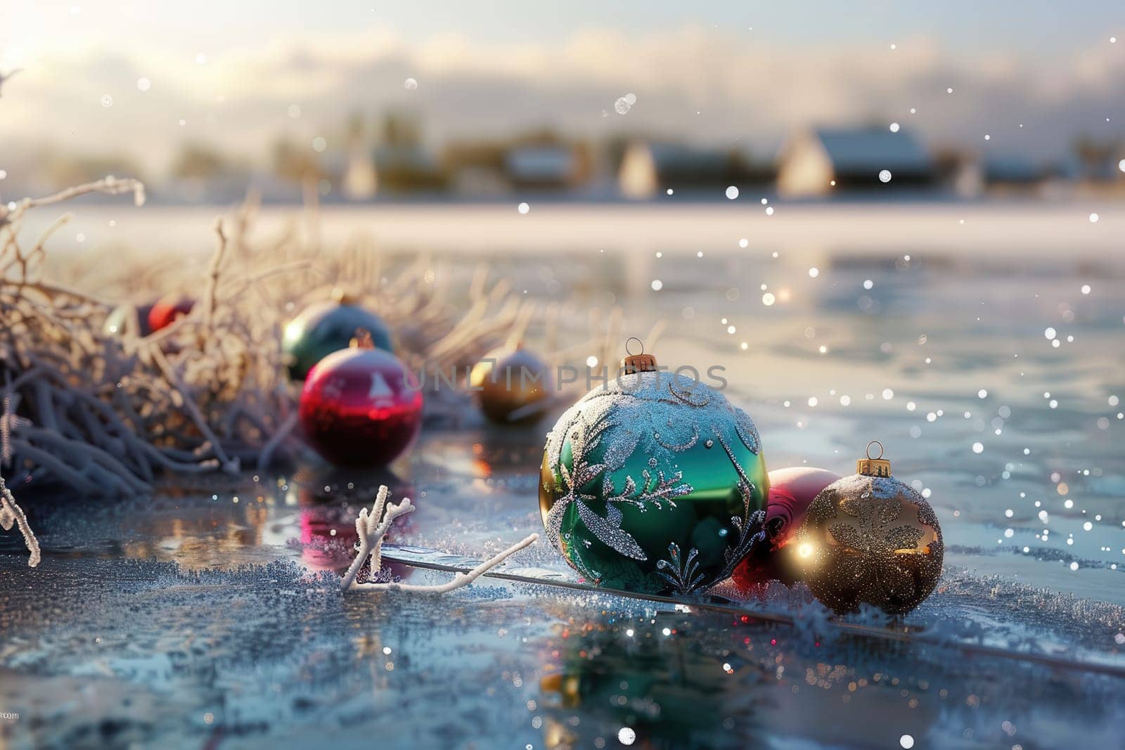 Colorful Christmas ornaments are resting on the icy ground, beautifully displayed in a serene winter setting