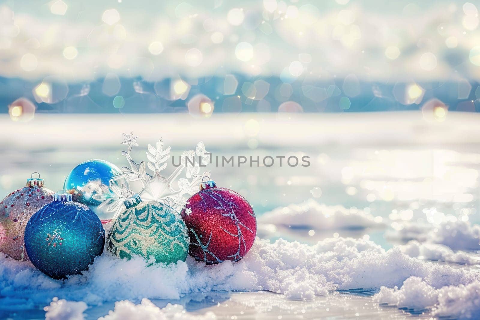 Colorful Christmas ornaments rest on the snow, creating a picturesque scene with beautiful bokeh lights