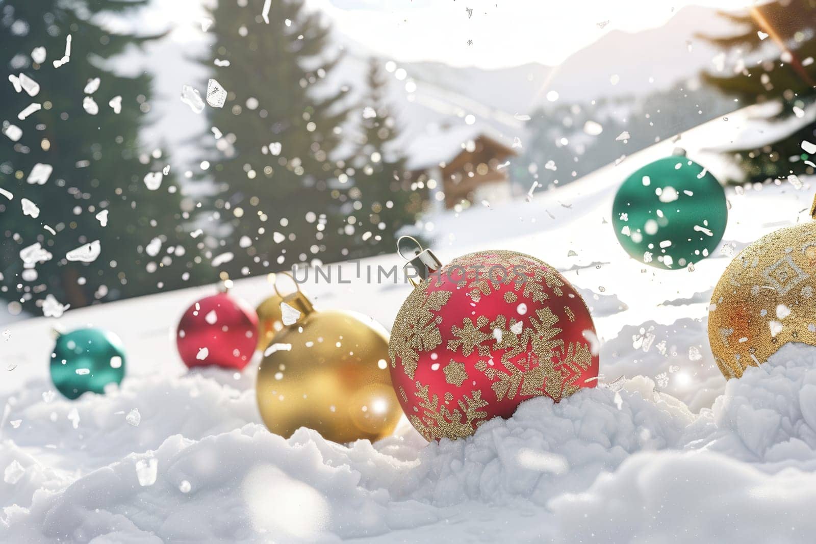 Colorful Christmas ornaments scattered across the snowy landscape with gentle snowflakes and evergreen trees