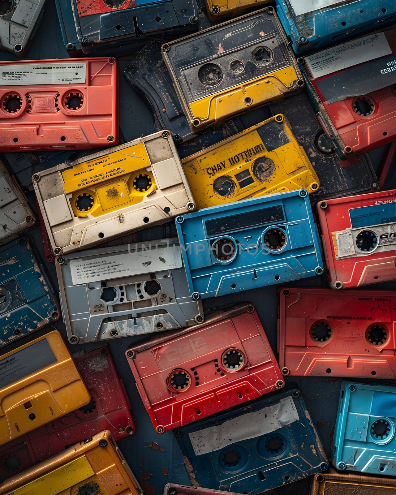 A stack of rectangular cassette tapes, adorned with electric blue paint in a circular pattern, resembling an art piece in visual arts