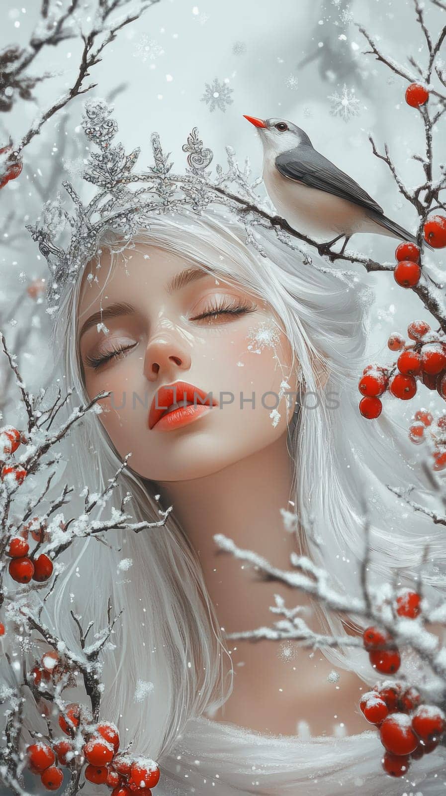 Portrait of a very beautiful woman in a winter forest, a fairy or mistress of the forest walks around her domain. High quality photo