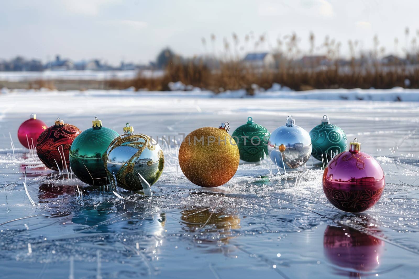 Colorful holiday ornaments scattered on ice, capturing the essence of winter festivities and celebrations