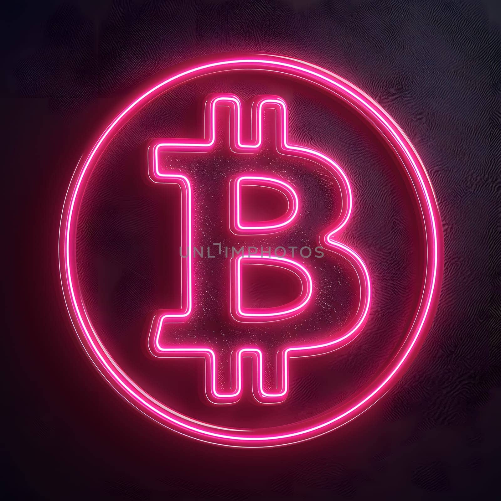 The glow of a bright pink Bitcoin sign neon light stands out against a dark background
