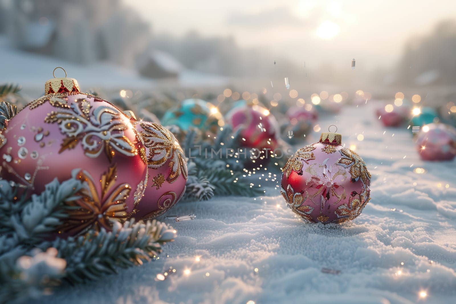 Creative holiday projects are inspired by beautiful Christmas ornaments that rest upon fresh, glistening snow