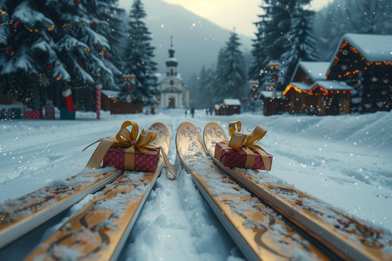 Enjoy the thrill of skiing amidst a beautifully snowy landscape that is adorned with colorful festive gifts