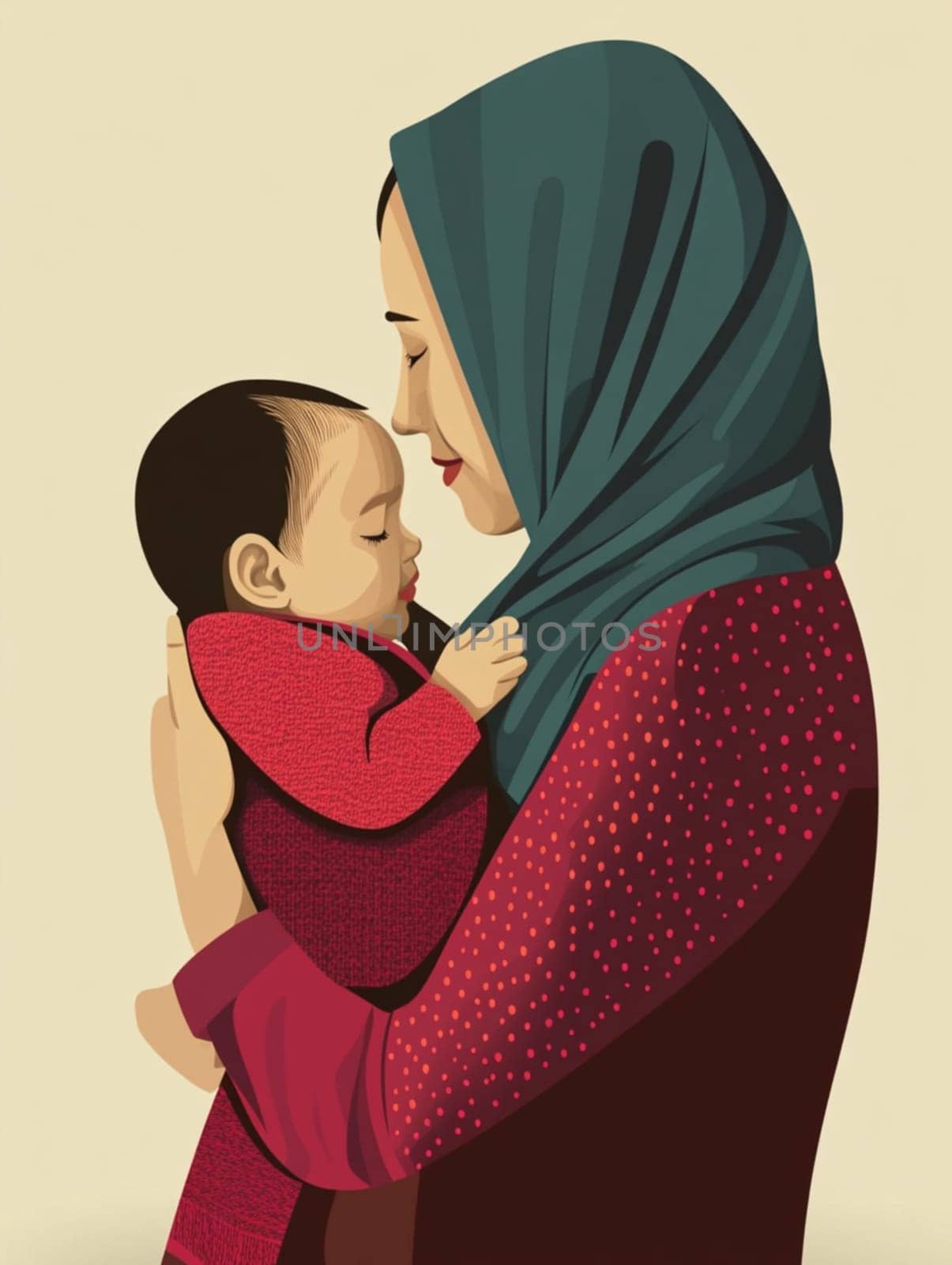 Muslim mother lovingly holds her baby in a heartwarming scene of connection and affection. Radiating warmth and happiness. This touching moment captures the essence of motherhood and family values