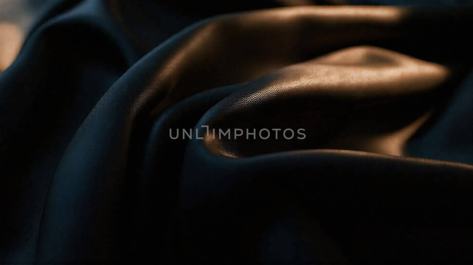 The close-up view showcases luxurious dark fabric with soft folds, accentuated by warm light that highlights its texture, creating an inviting and elegant atmosphere.