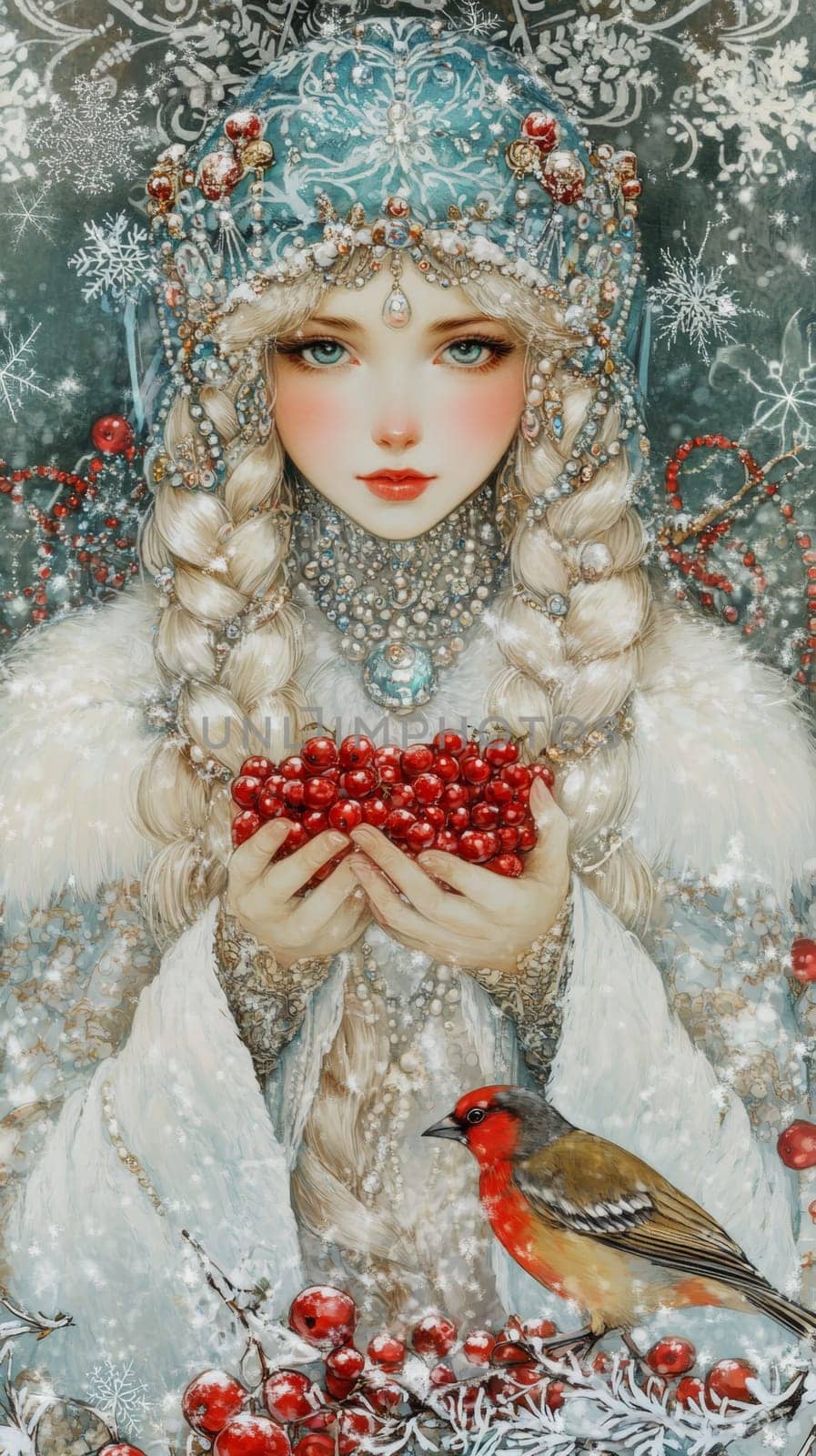 Portrait of a very beautiful woman in a winter forest, a fairy or mistress of the forest walks around her domain. High quality photo