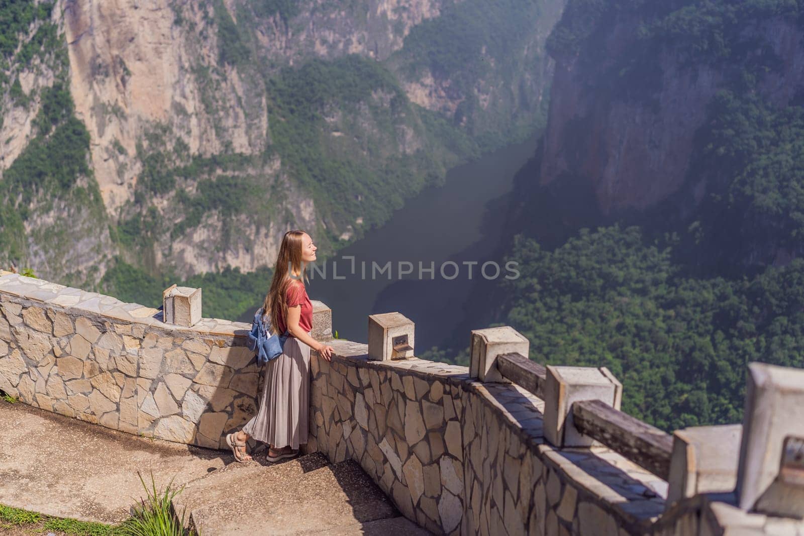 Female tourist exploring Sumidero Canyon National Park, Mexico. Adventure, natural exploration, and travel experience concept.