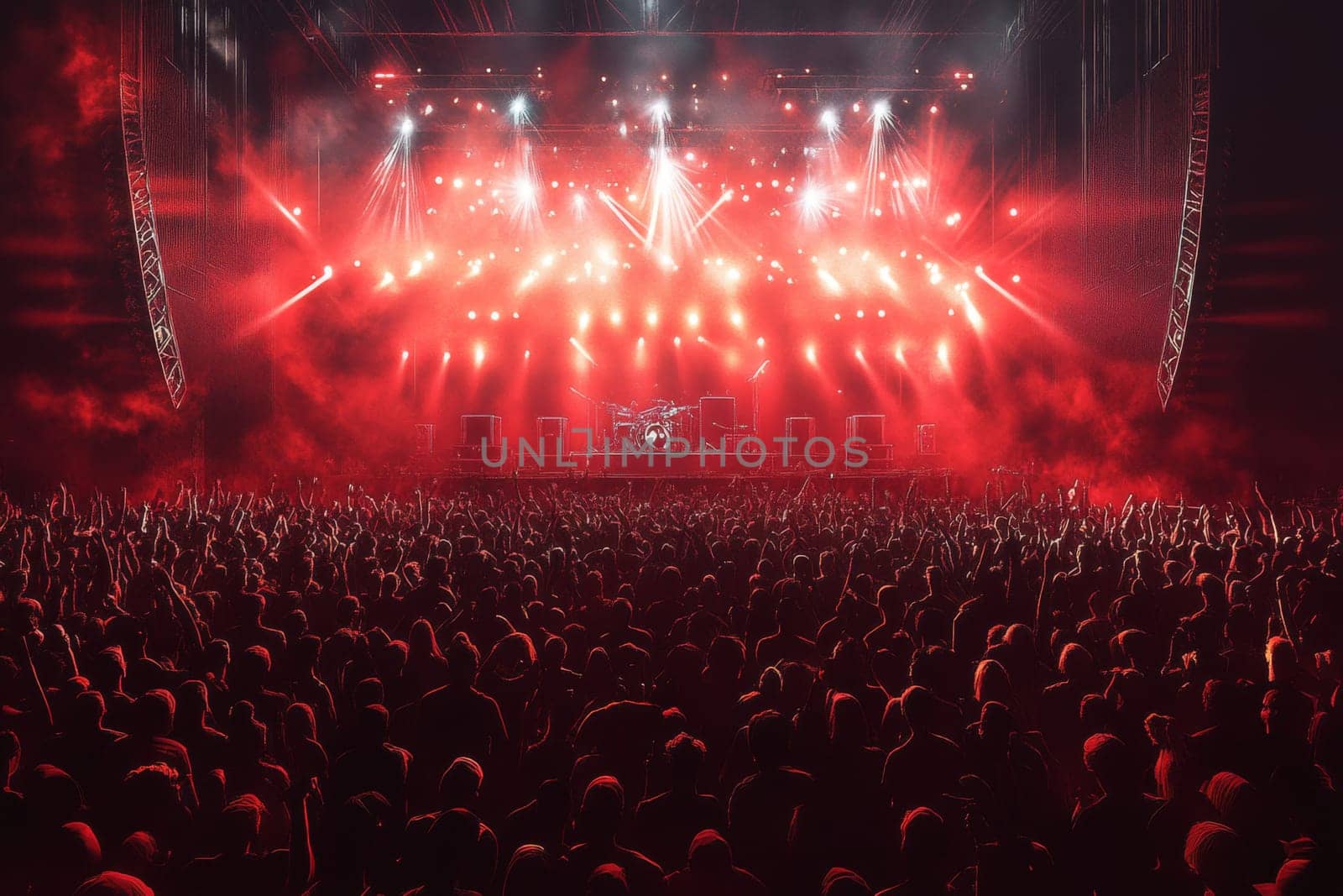 The stage during a concert is lit with bright red light and floodlights. High quality photo