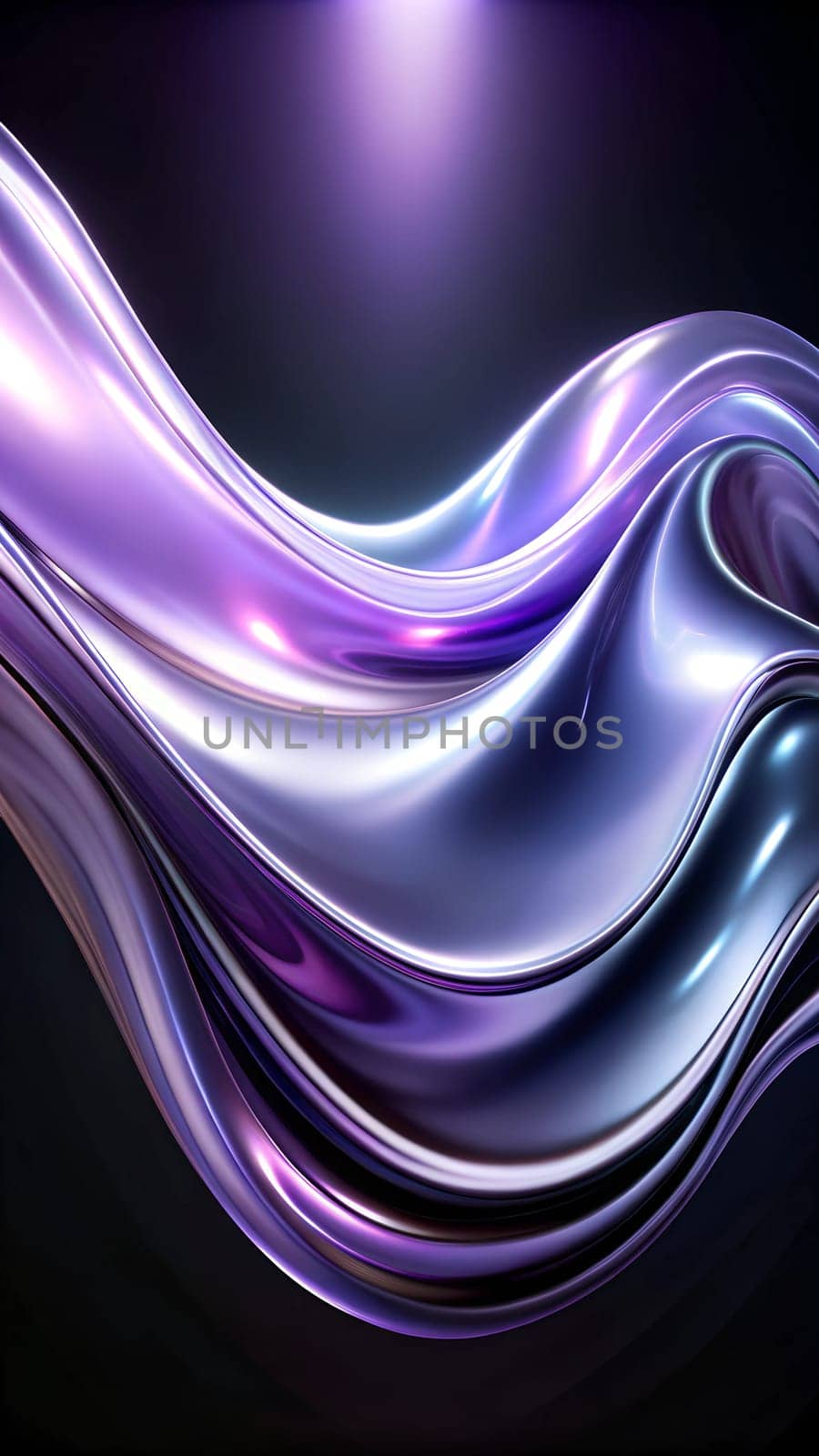 A vibrant display of flowing purple and silver fabric undulates smoothly, reflecting light with a glossy finish against a dark backdrop, enhancing its elegance and movement.