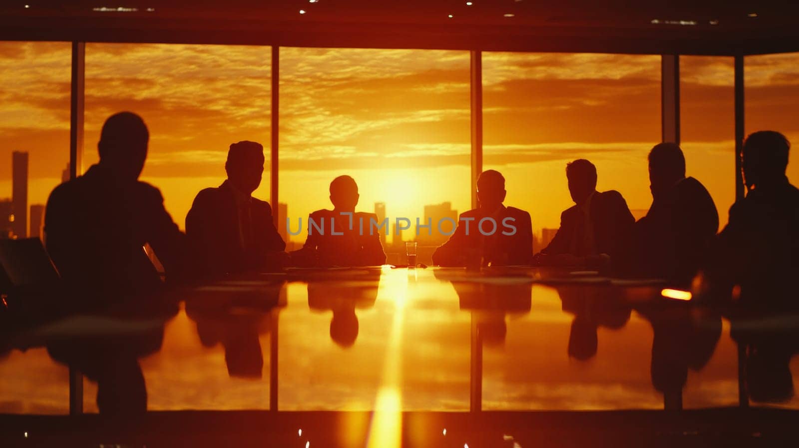 The meeting hall is illuminated by the rays of the setting sun. Colleagues are holding a meeting. High quality photo
