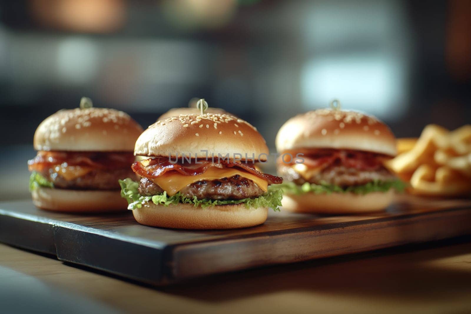 Three juicy tasty hamburgers lie on a wooden table in a bar or cafe. High quality photo
