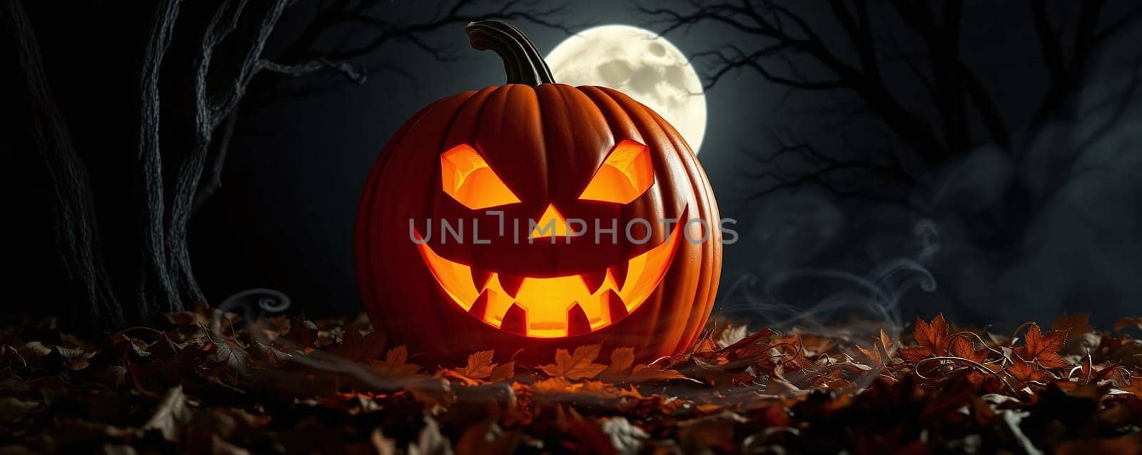 A spooky pumpkin with a menacing grin illuminates the dark surroundings while a full moon casts an eerie glow on the autumn leaves, capturing the essence of Halloween festivities.