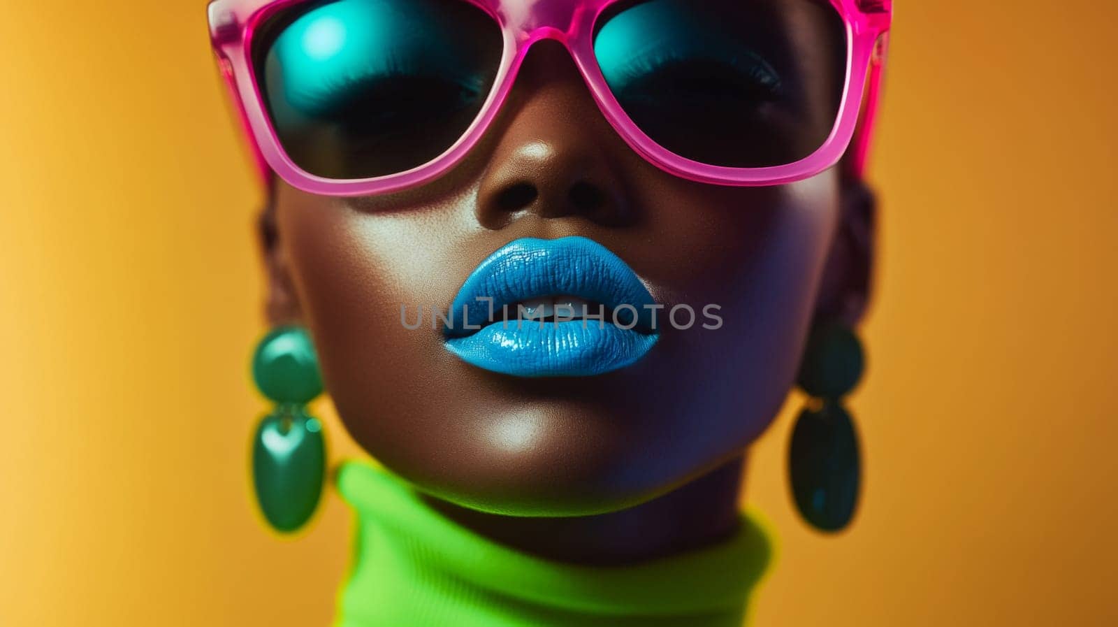 Beautiful dark-skinned woman model in sunglasses on isolated background. Close-up of model's face with bright makeup and blue lipstick. High quality photo