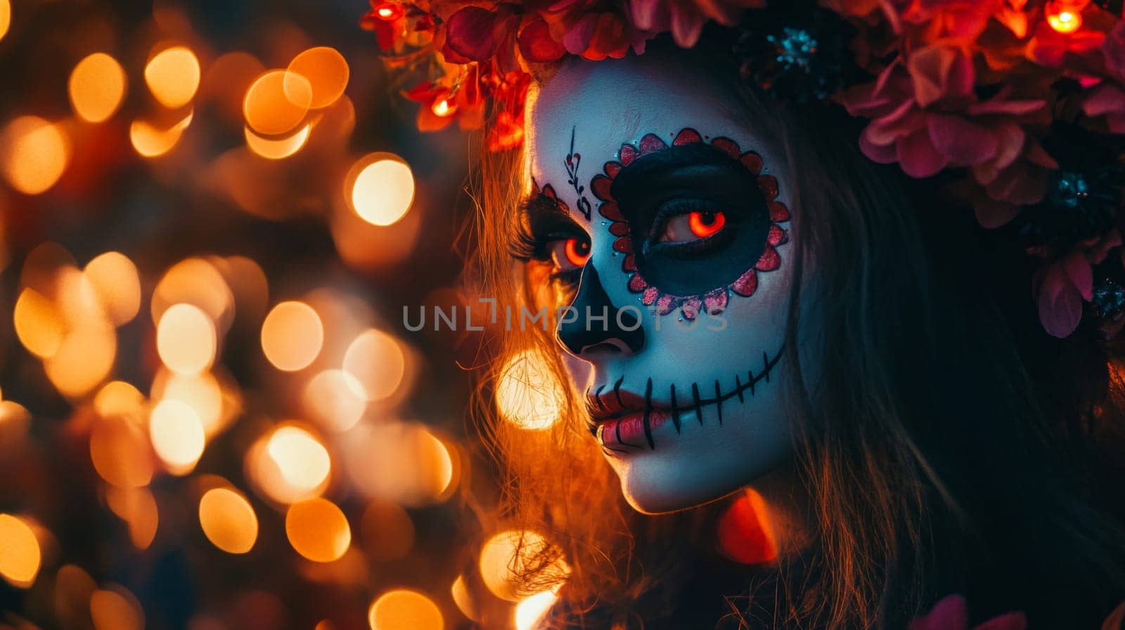 Body art on a woman's face, a wreath of roses on the city. Death costume at a party. High quality photo