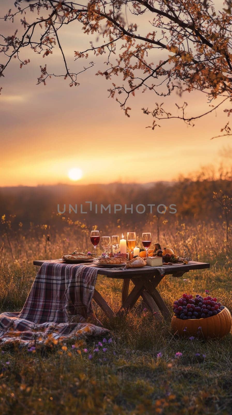 A very beautifully set table in nature, in a cozy autumn garden. High quality photo