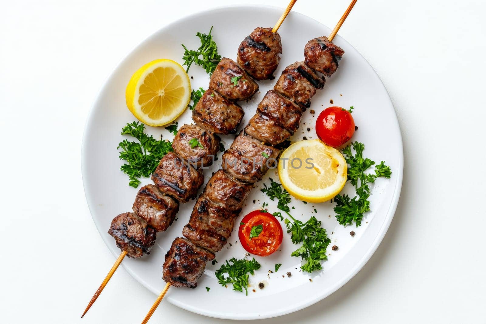 Shashlik on a plate. Top view. High quality photo