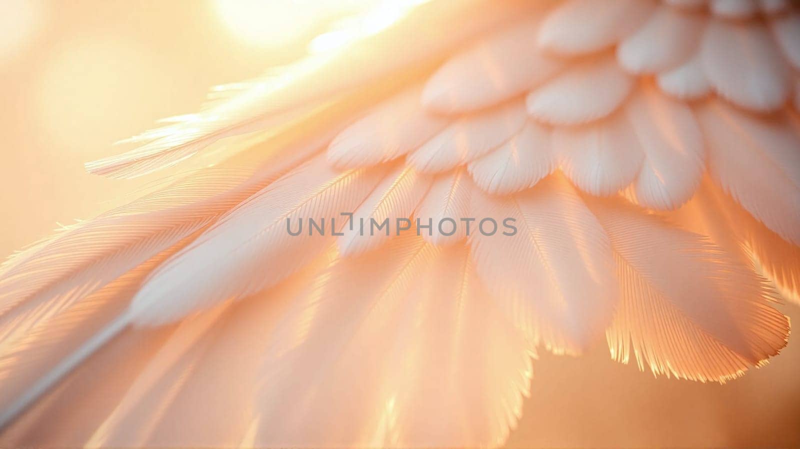 Glimmers of sunlight cascade over soft, white feathers, creating a tranquil atmosphere filled with warmth. The gentle glow accentuates the intricate details of each feather.
