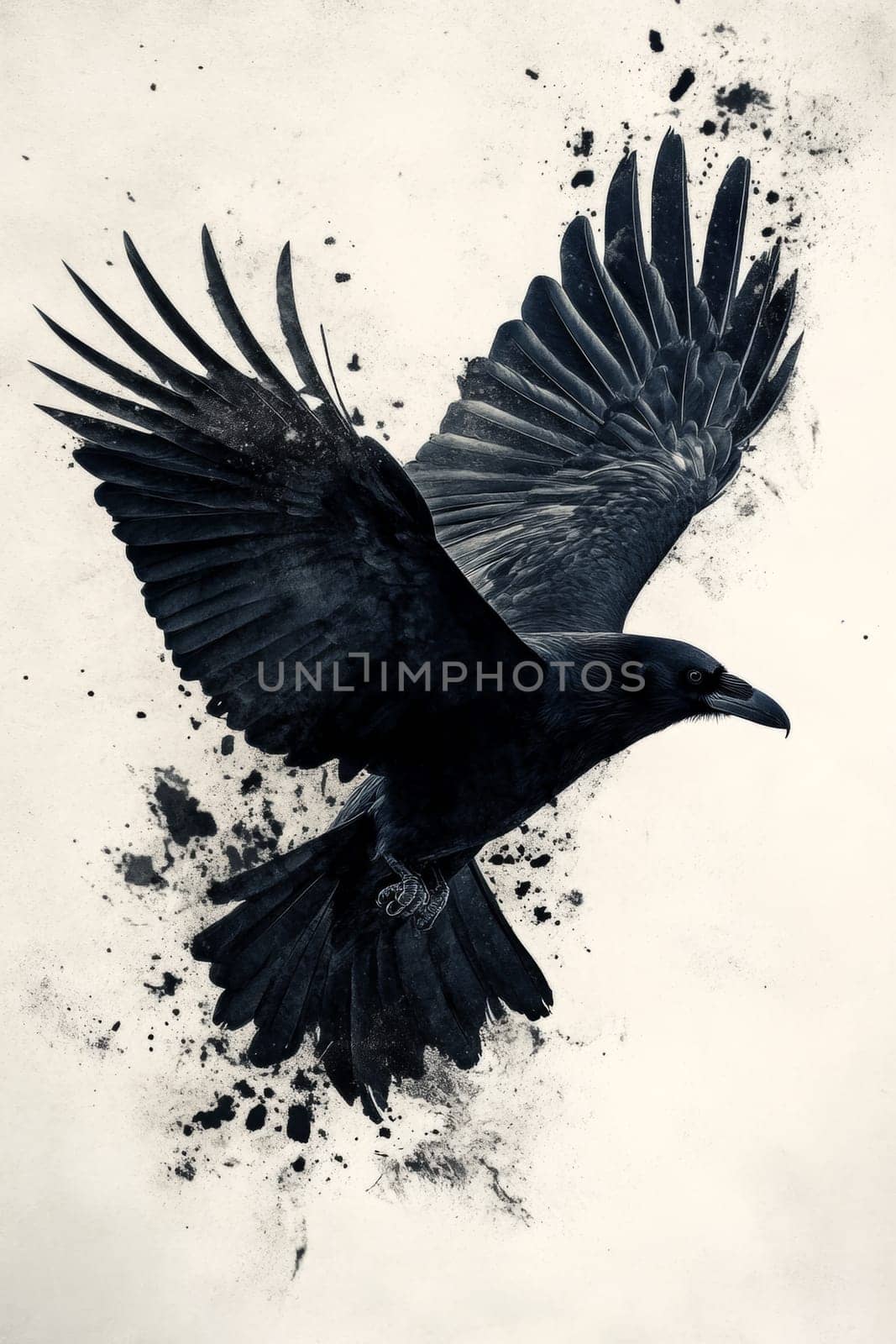 An image of a black crow on a light background. The crow is painted with black watercolor paint or pastel. High quality photo