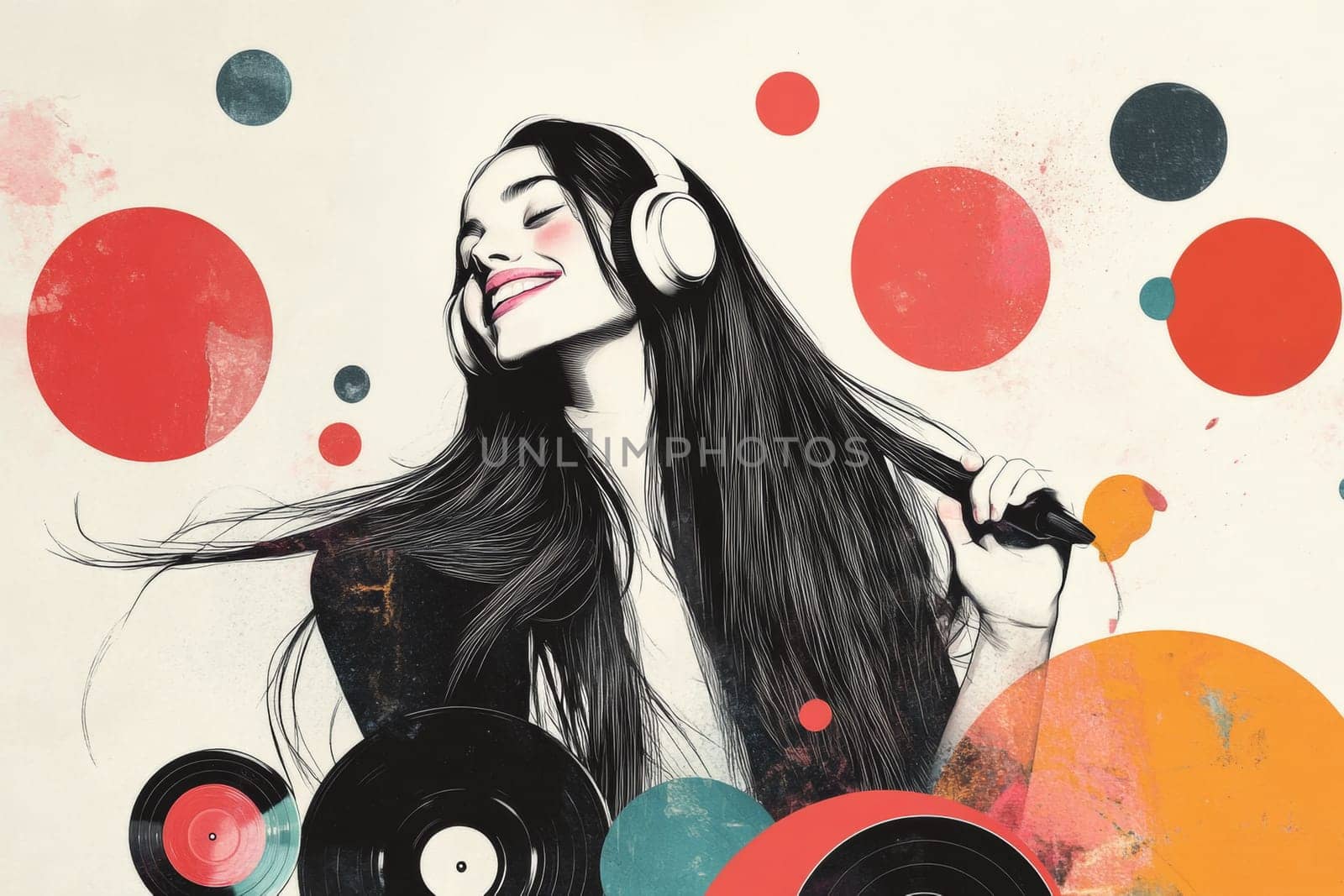 Cute girl listens to her favorite music on headphones and sings. High quality photo