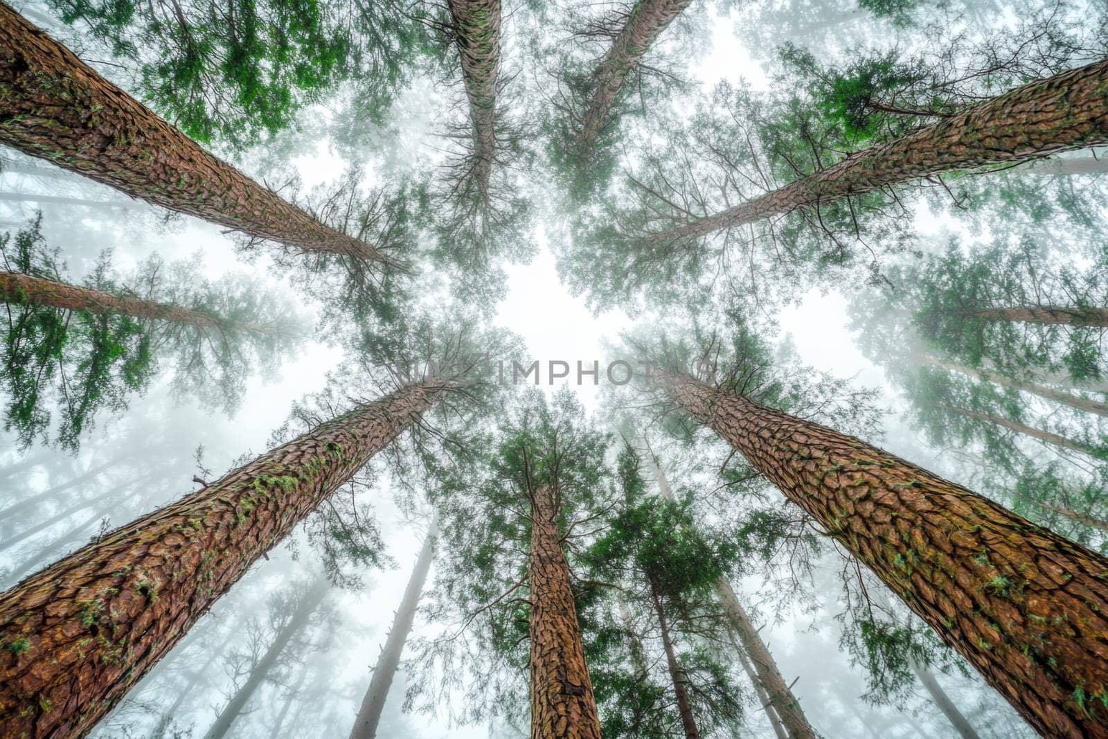 Bottom up view of tree tops in winter forest. High quality photo