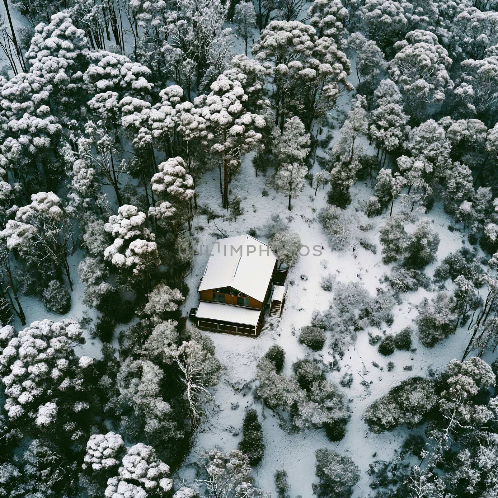 Photo from a drone or helicopter of a house in the middle of a winter forest. High quality photo