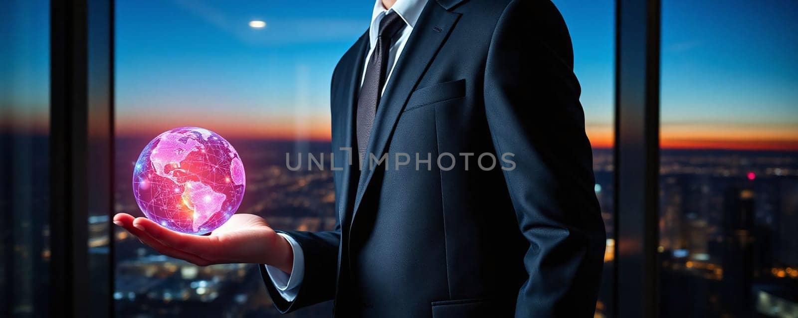 A business professional stands indoors holding a luminous globe, overlooking a breathtaking city skyline at sunset, showcasing a blend of technology and ambition.
