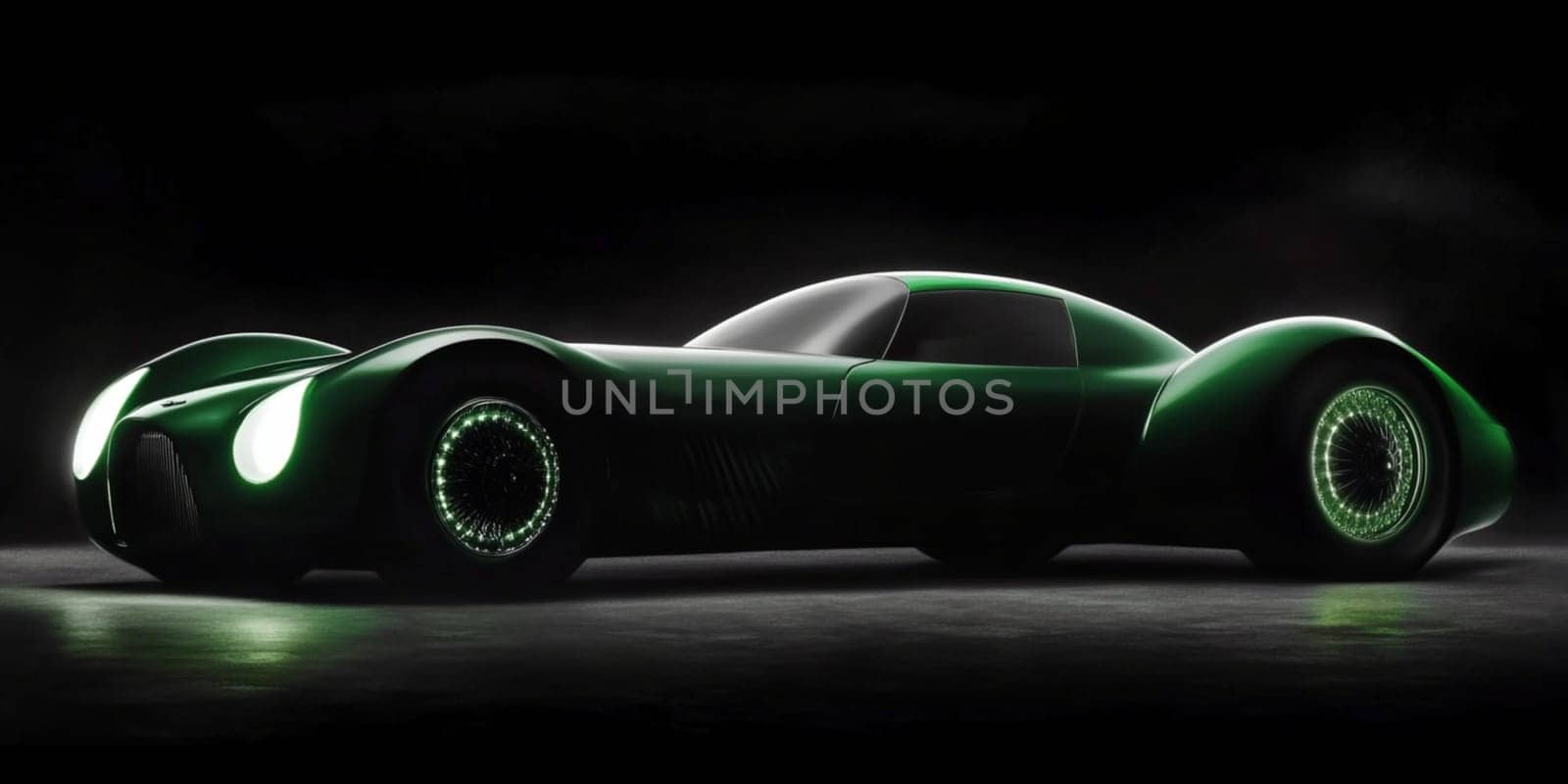 Futuristic green luxury sports car poses elegantly in a dark studio, illuminated by green lights, exuding power and speed with a modern and classic design